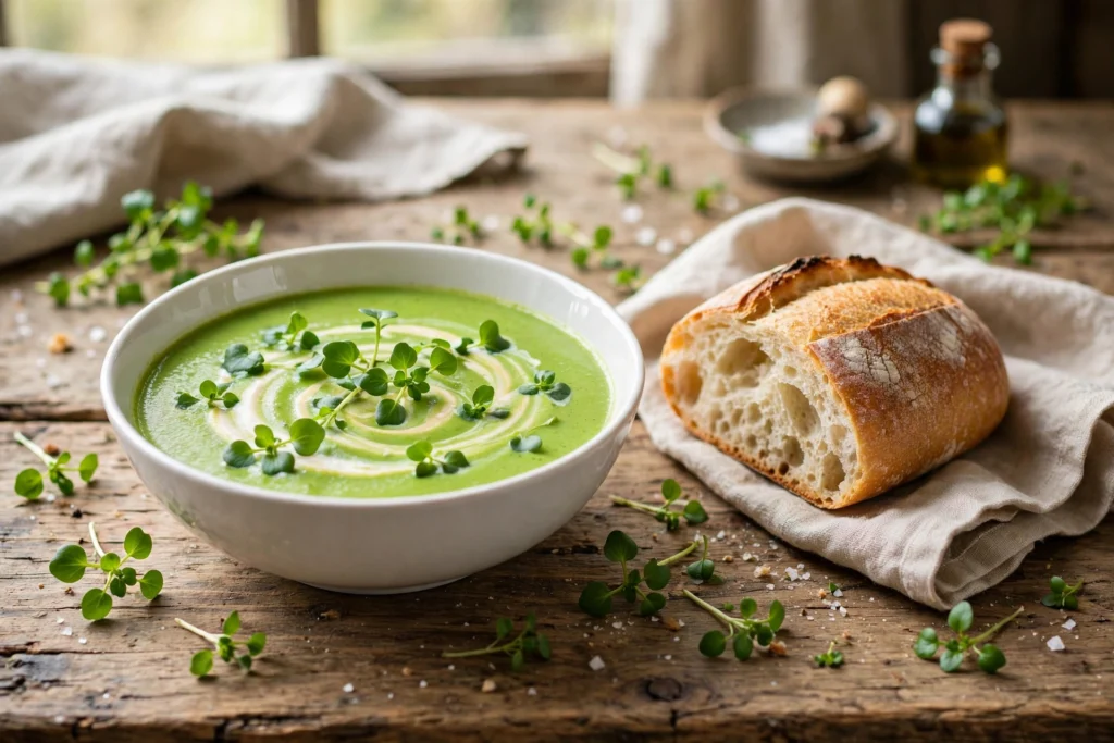 Kresse Suppe Rezept – cremige grüne Suppe in weißer Schale mit Sahneswirl, frischer Gartenkresse und knusprigem Brot