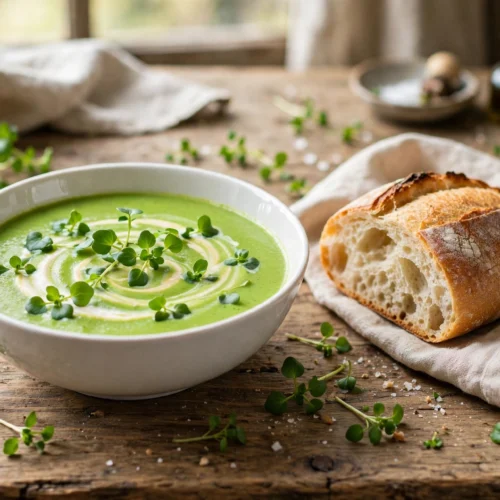 Kresse Suppe Rezept – cremige grüne Suppe in weißer Schale mit Sahneswirl, frischer Gartenkresse und knusprigem Brot