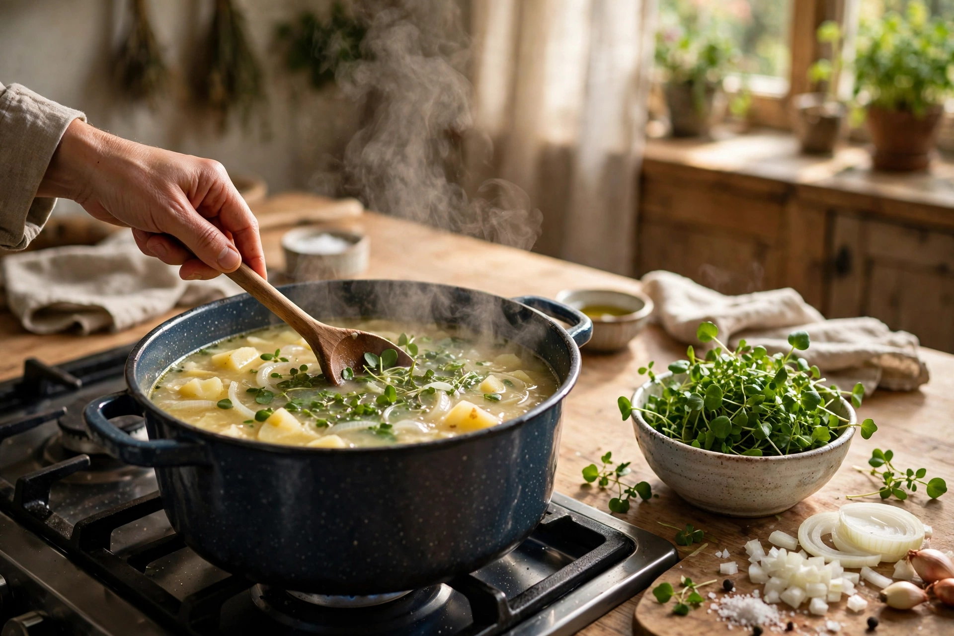 Kresse Suppe Rezept – frische Gartenkresse wird in den dampfenden Kartoffeltopf gegeben