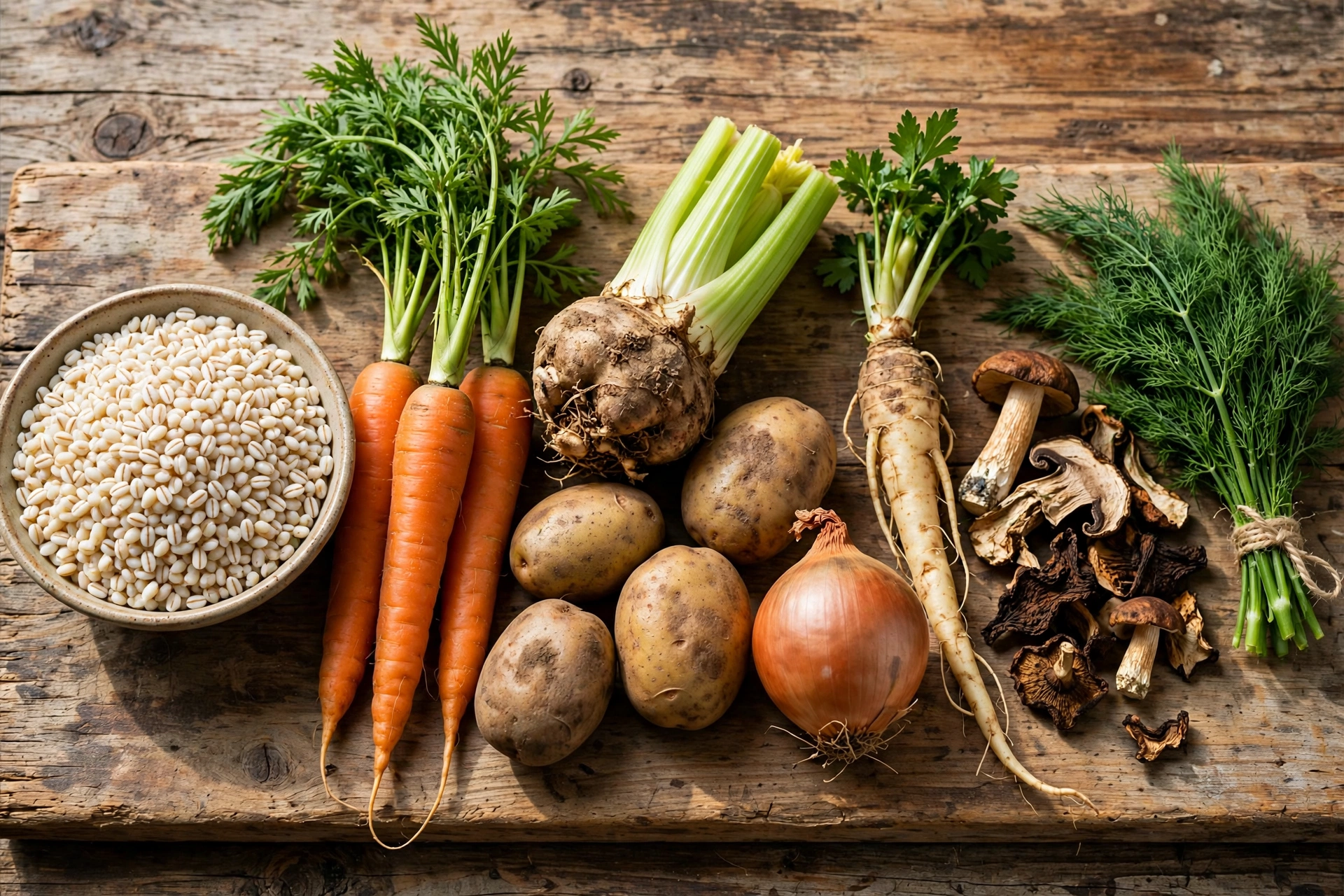 krupnik suppe rezept original – Zutaten im Überblick: Graupen, Möhren, Sellerie, Kartoffeln, Pilze und Dill auf einem Holzbrett