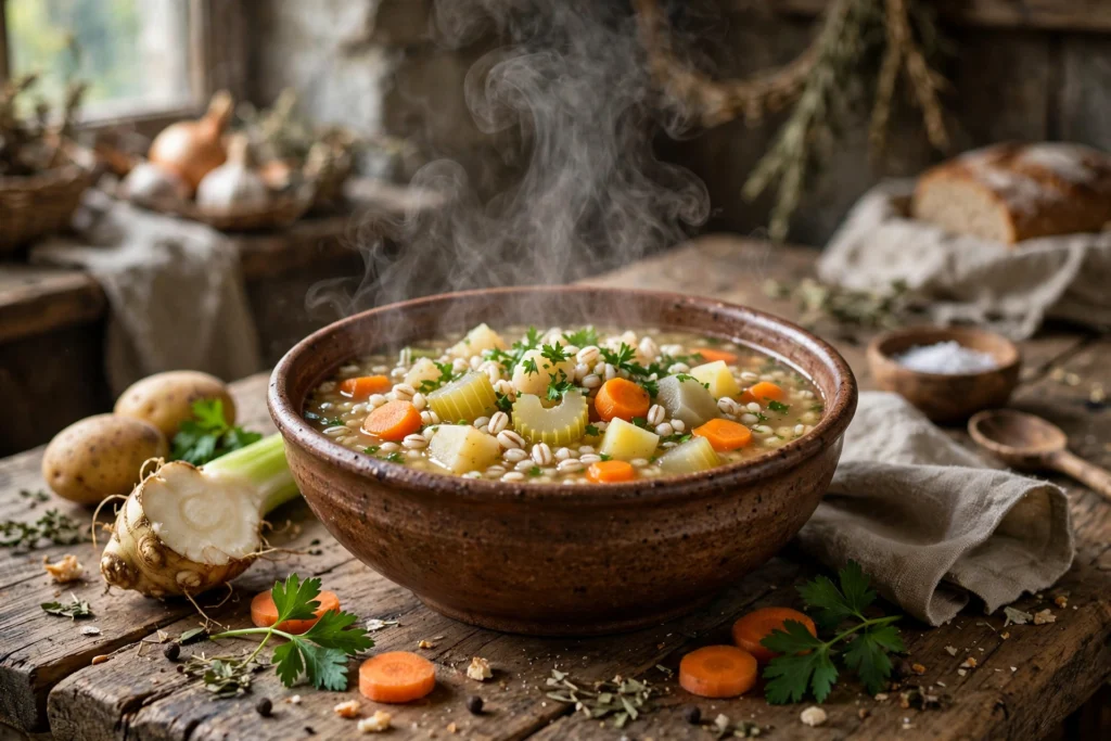 krupnik suppe rezept original – dampfende polnische Gerstensuppe mit Graupen, Möhren und Petersilie in einer rustikalen Schale
