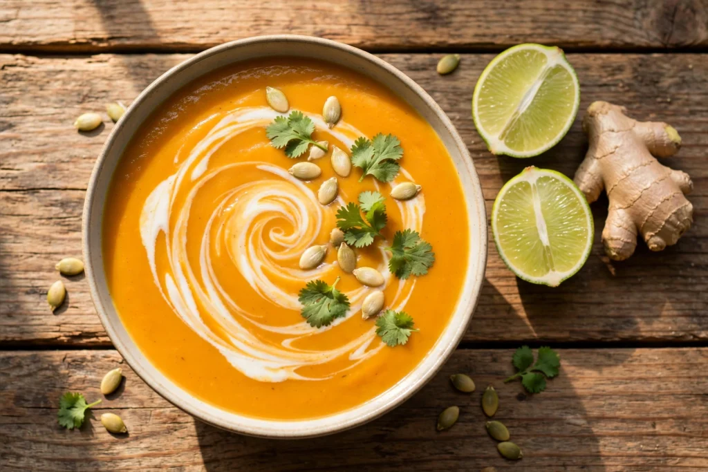 Kürbis Kokos Suppe Rezept – cremige Kürbis-Kokos-Suppe mit Kokosmilch-Swirl, Limette und Koriander