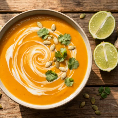 Kürbis Kokos Suppe Rezept – cremige Kürbis-Kokos-Suppe mit Kokosmilch-Swirl, Limette und Koriander