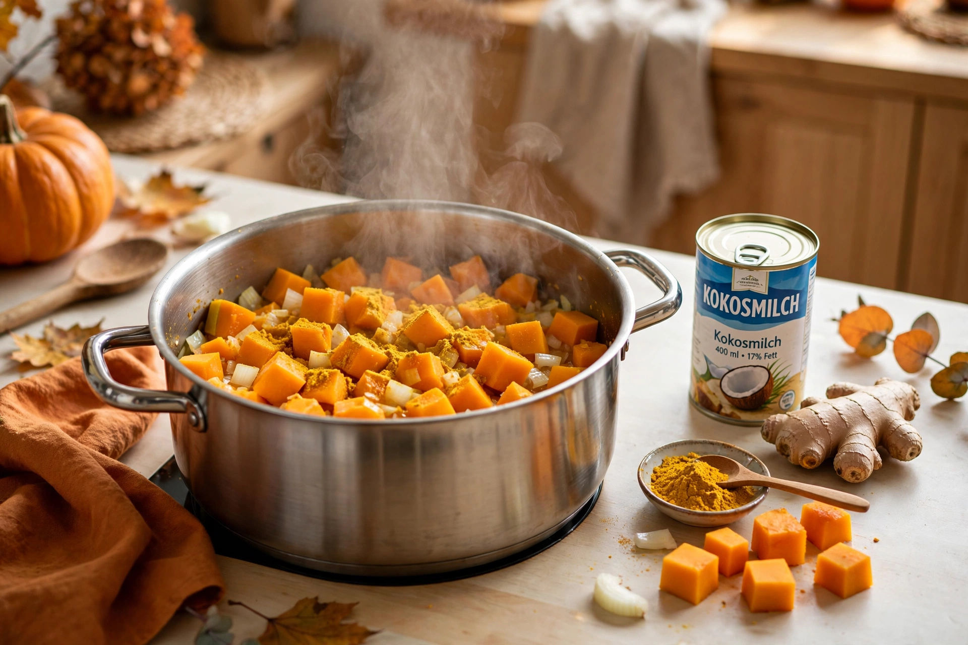 Kürbis Kokos Suppe Rezept Zubereitung – gewürfelter Hokkaido-Kürbis, Kokosmilch und Gewürze im Topf