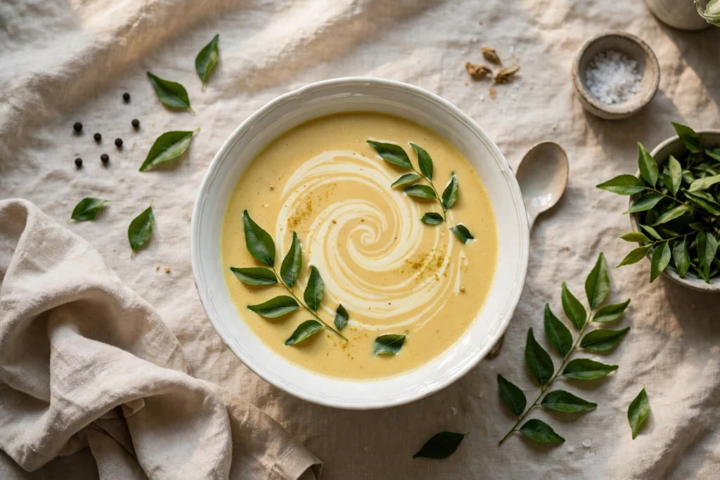 Lady Curzon Suppe Rezept – cremige Currysuppe in feiner Porzellanschale mit Sahne und Schnittlauch