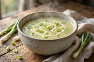 Lauchzwiebel Suppe Rezept – cremige Lauchzwiebelsuppe mit Sahnehäubchen und frischen Lauchzwiebelringen in rustikaler Schale