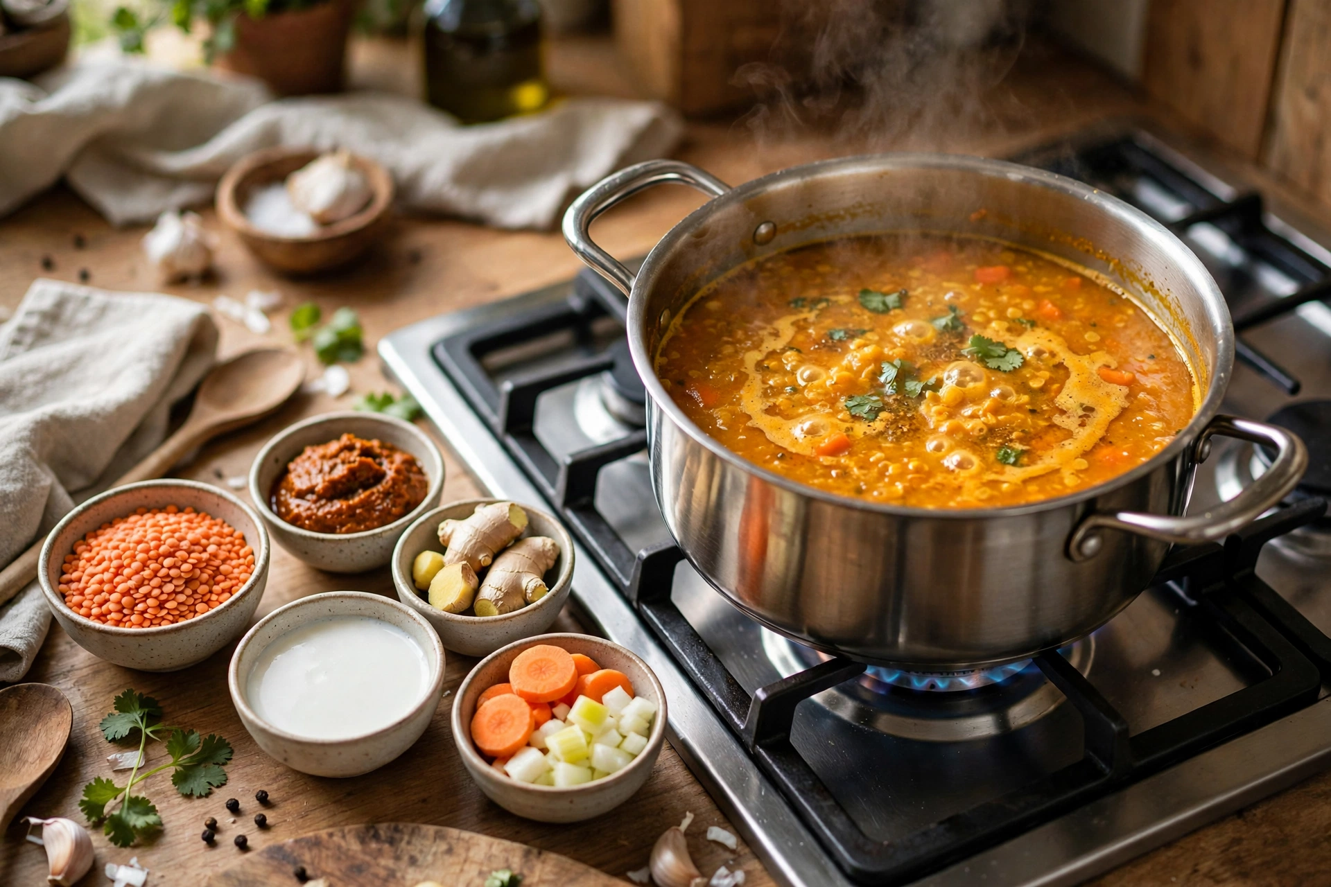 Linsen Curry Suppe Rezept – Zutaten und köchelnde Suppe im Topf