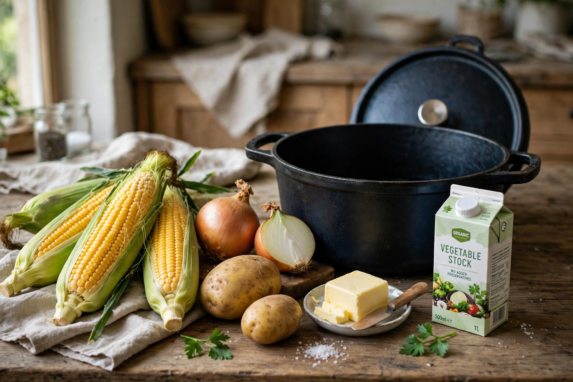 Mais Suppe Rezept – Zutaten und köchelnde Suppe im Topf