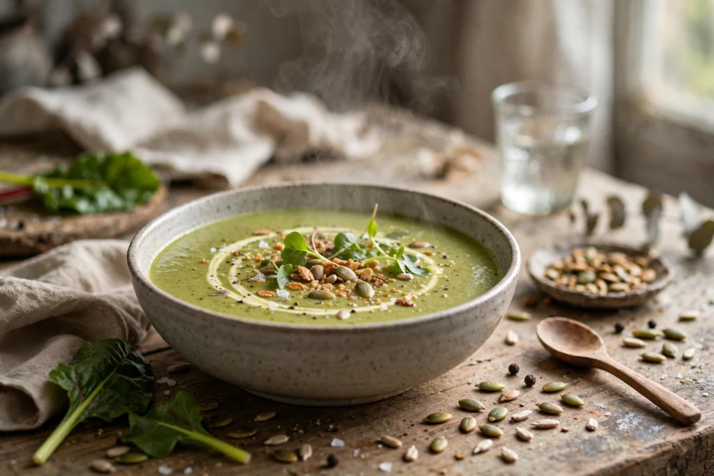 Mangold Suppe Rezept – Cremige Suppe mit Sahnehaube und gerösteten Kernen