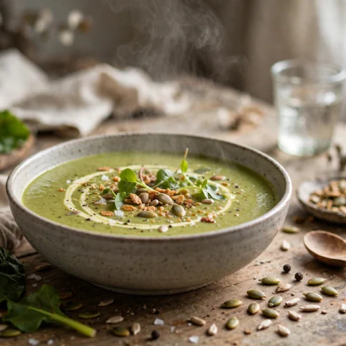 Mangold Suppe Rezept – Cremige Suppe mit Sahnehaube und gerösteten Kernen