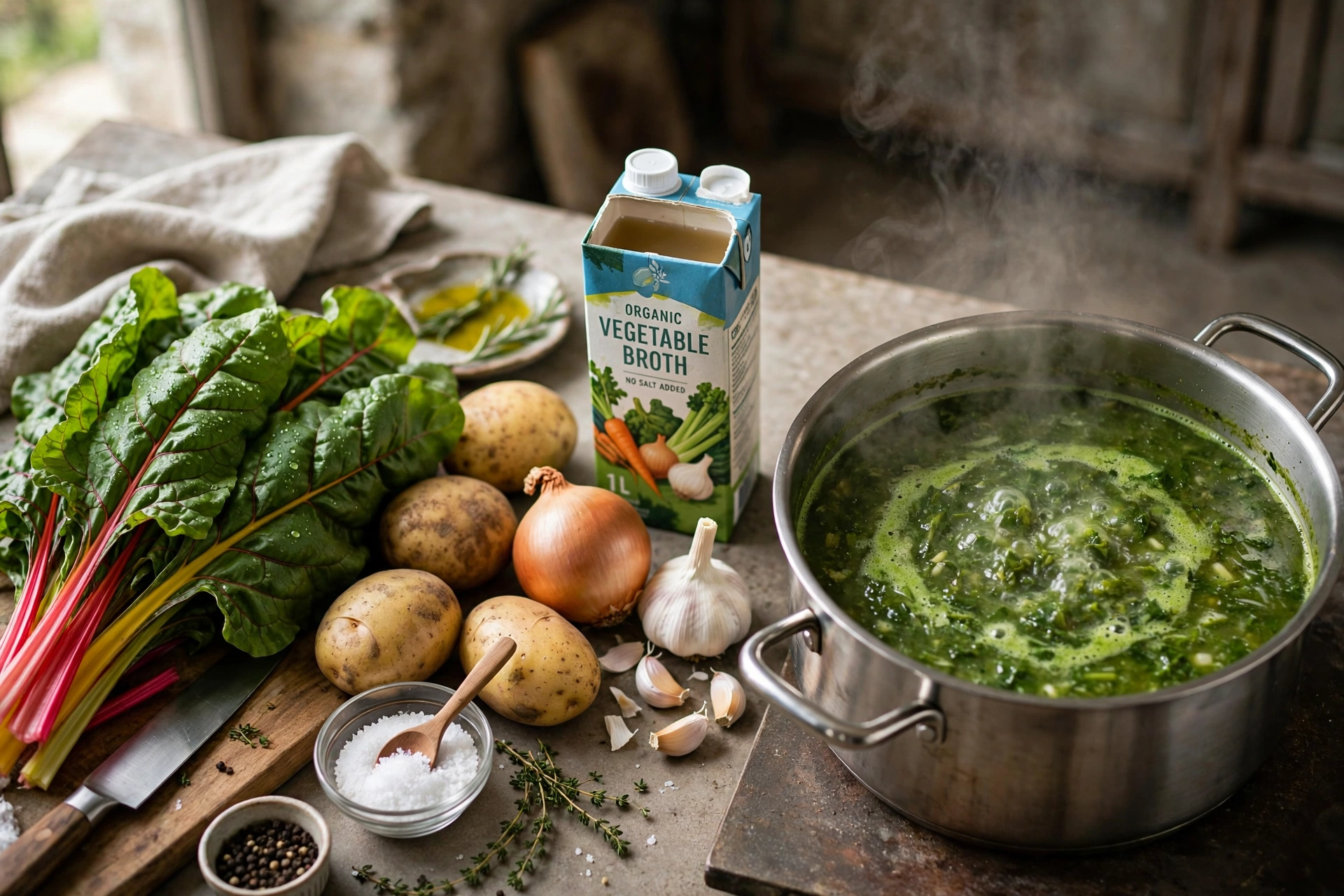 Mangold Suppe Rezept – Frischer Mangold und Zutaten für die Suppe