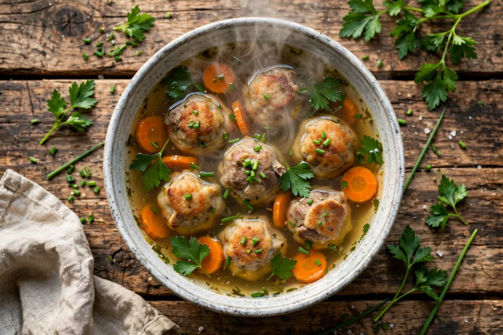 Markklößchen Suppe Rezept – klare Rinderbrühe mit Markklößchen, Karotten und Petersilie in rustikaler Suppenschüssel