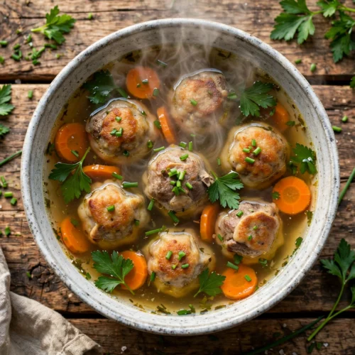Markklößchen Suppe Rezept – klare Rinderbrühe mit Markklößchen, Karotten und Petersilie in rustikaler Suppenschüssel
