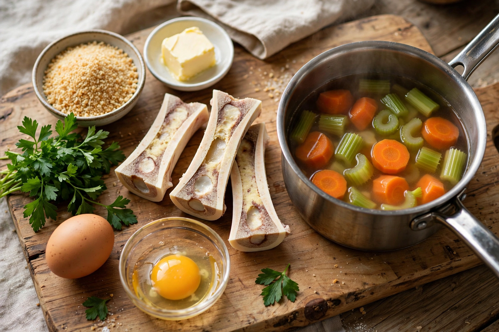 Markklößchen Suppe Rezept – Zutaten im Überblick: Rindermark, Butter, Ei, Semmelbrösel, Petersilie und klare Brühe mit Wurzelgemüse