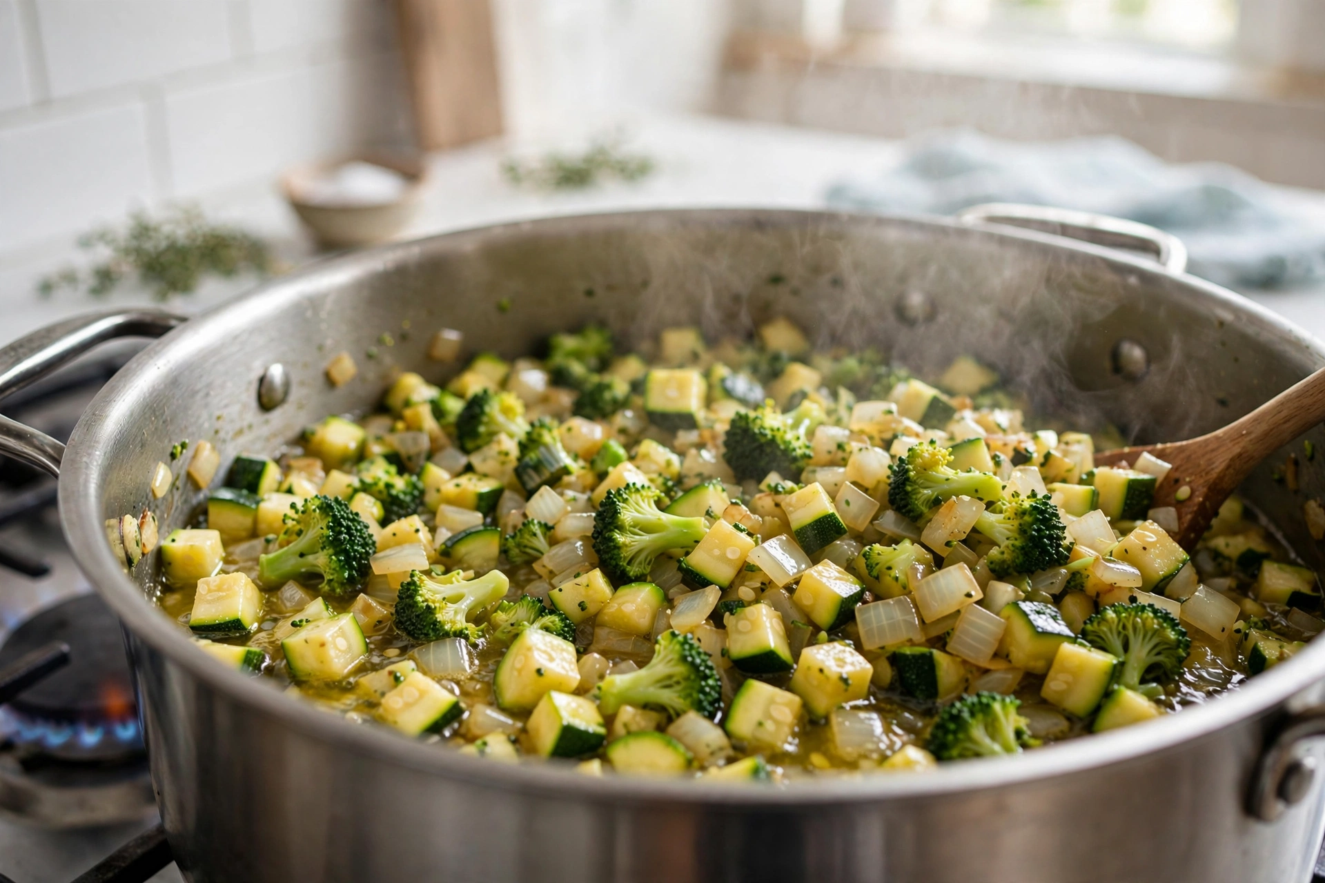 Brokkoli Suppe Rezept ohne Kartoffeln – Brokkoli, Zucchini und Zwiebeln dünsten im Topf