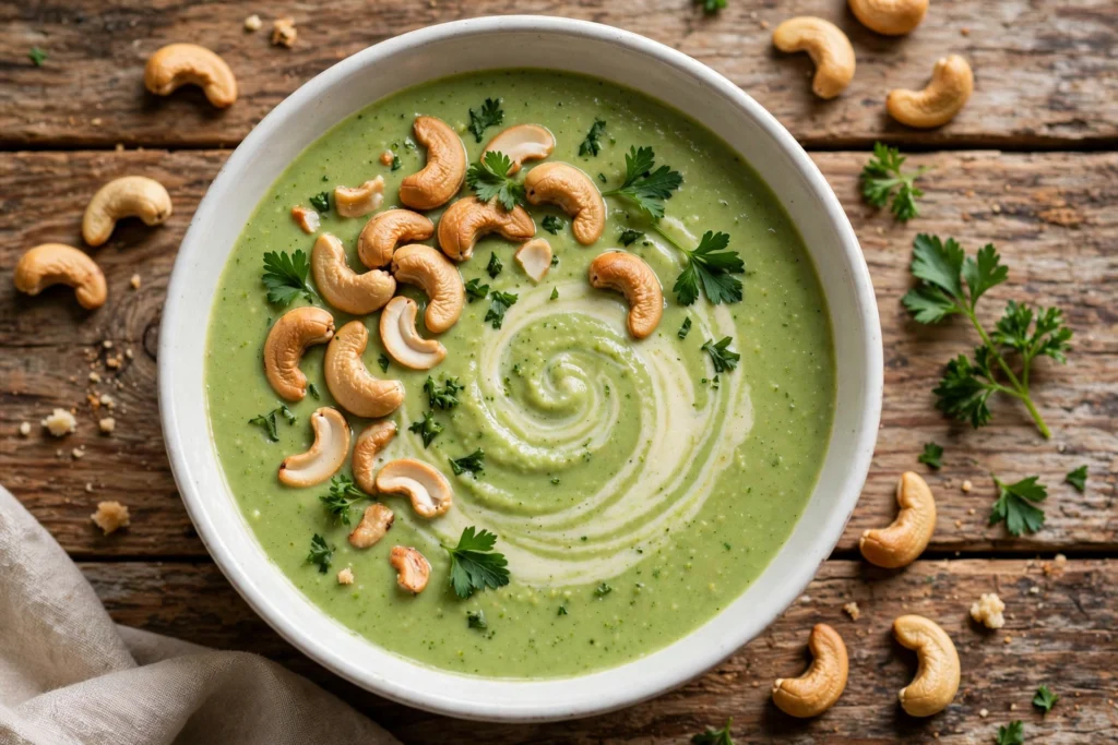Brokkoli Suppe Rezept ohne Kartoffeln – cremige grüne Suppe mit Cashewkernen und Petersilie in weißer Schüssel