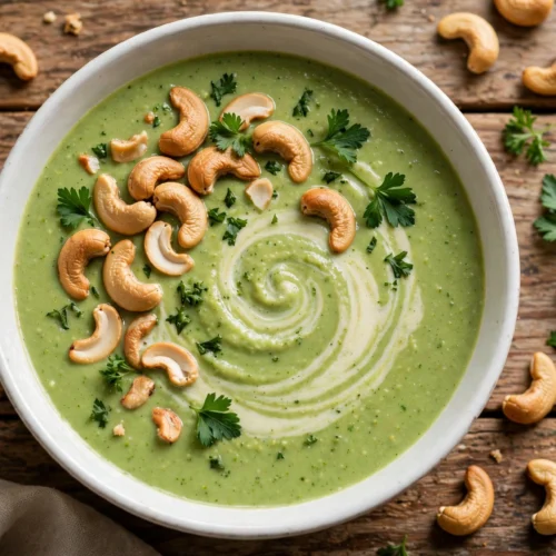 Brokkoli Suppe Rezept ohne Kartoffeln – cremige grüne Suppe mit Cashewkernen und Petersilie in weißer Schüssel