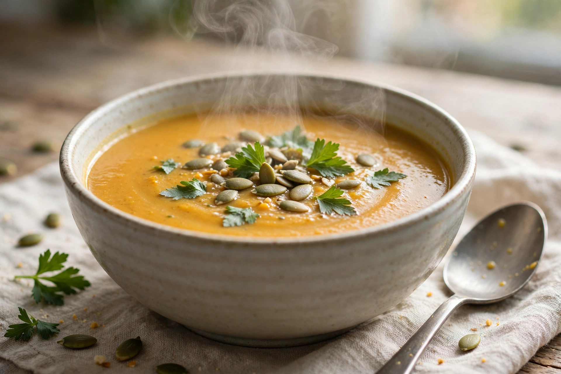 Vegetarische Suppe Rezept – cremige Kürbissuppe mit Ingwer, Kürbiskernen und Petersilie in einer Schale