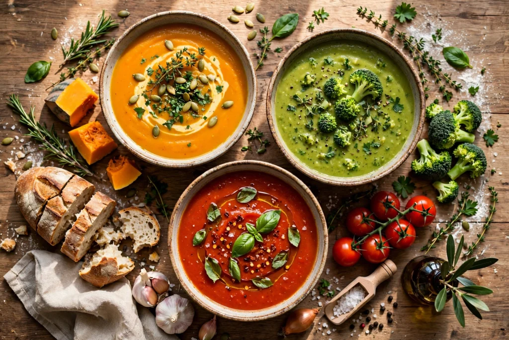 Vegetarische Suppe Rezept – bunte vegetarische Suppen in Schalen mit Kräutern und Brot auf einem Holztisch