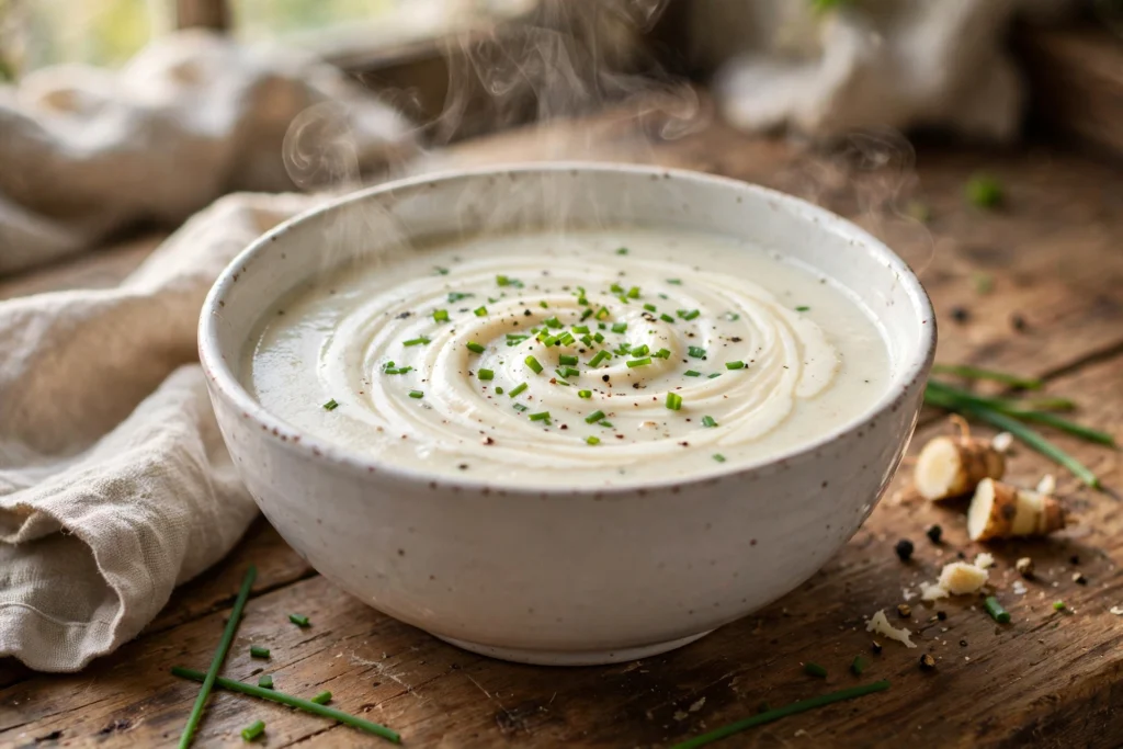 Meerrettich Suppe Rezept – cremige Meerrettichcremesuppe mit Schnittlauch in weißer Schale