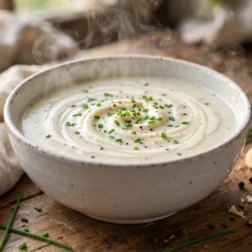 Meerrettich Suppe Rezept – cremige Meerrettichcremesuppe mit Schnittlauch in weißer Schale