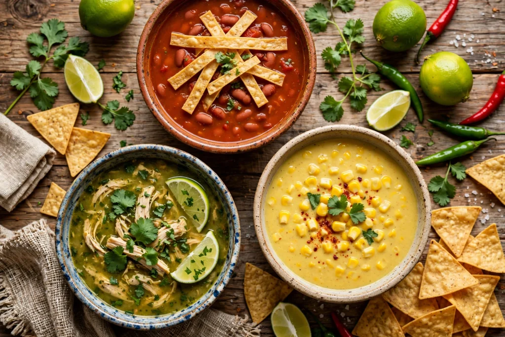 Mexikanische Suppe Rezept – mehrere bunte mexikanische Suppen in Schalen mit Limette, Chili und Tortillachips auf einem Holztisch