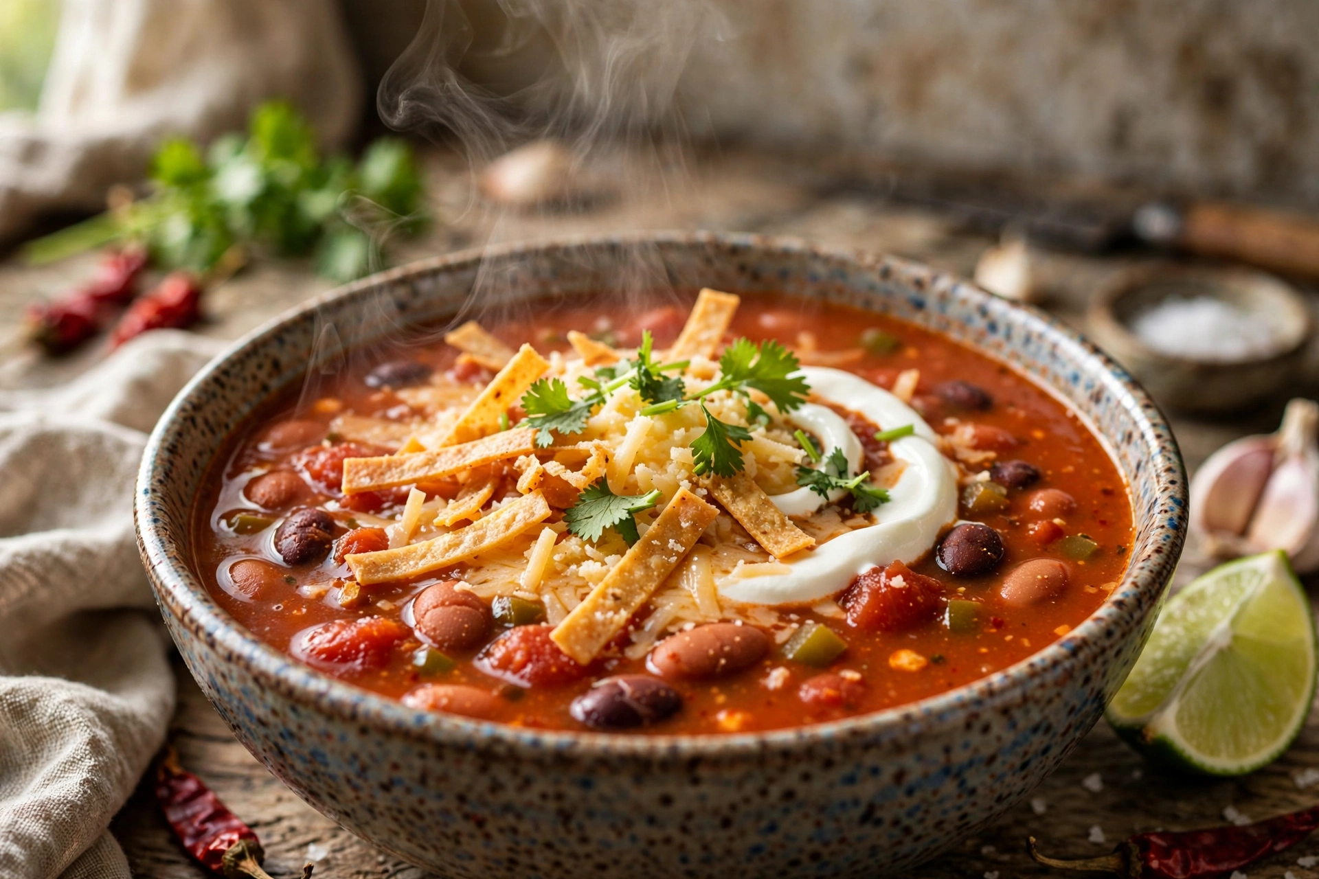Mexikanische Suppe Rezept – dampfende Tortillasuppe mit Tortillastreifen, Käse und Koriander in einer Schale