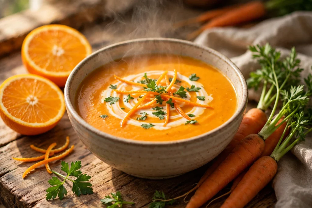 Möhren Orangen Suppe Rezept – dampfende Schüssel cremiger Karotten-Orangen-Suppe mit Orangenzesten, Sahnehäubchen und Petersilie