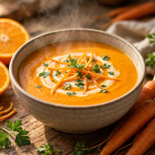 Möhren Orangen Suppe Rezept – dampfende Schüssel cremiger Karotten-Orangen-Suppe mit Orangenzesten, Sahnehäubchen und Petersilie