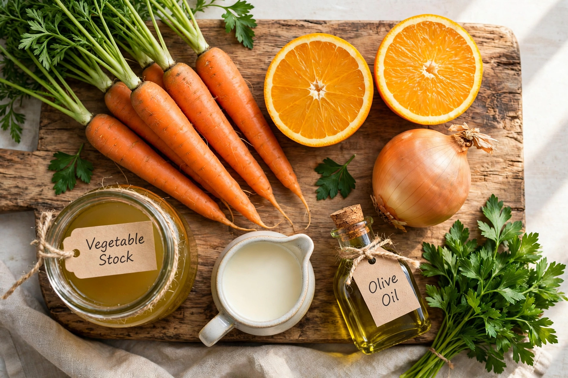 Möhren Orangen Suppe Rezept – Zutaten im Überblick: Möhren, Orangen, Zwiebel, Gemüsebrühe und Sahne auf einem Holzbrett