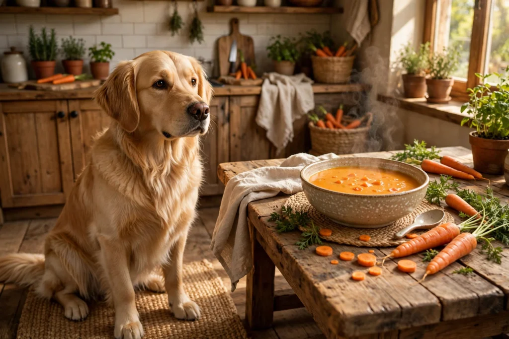 Morosche Suppe Hund Rezept – Hund mit einer Schale warmer Möhrensuppe