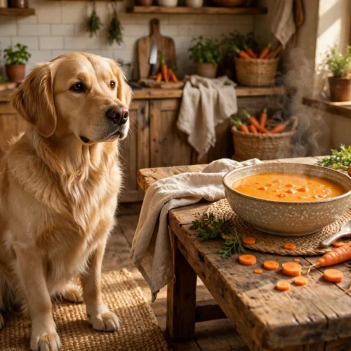 Morosche Suppe Hund Rezept – Hund mit einer Schale warmer Möhrensuppe