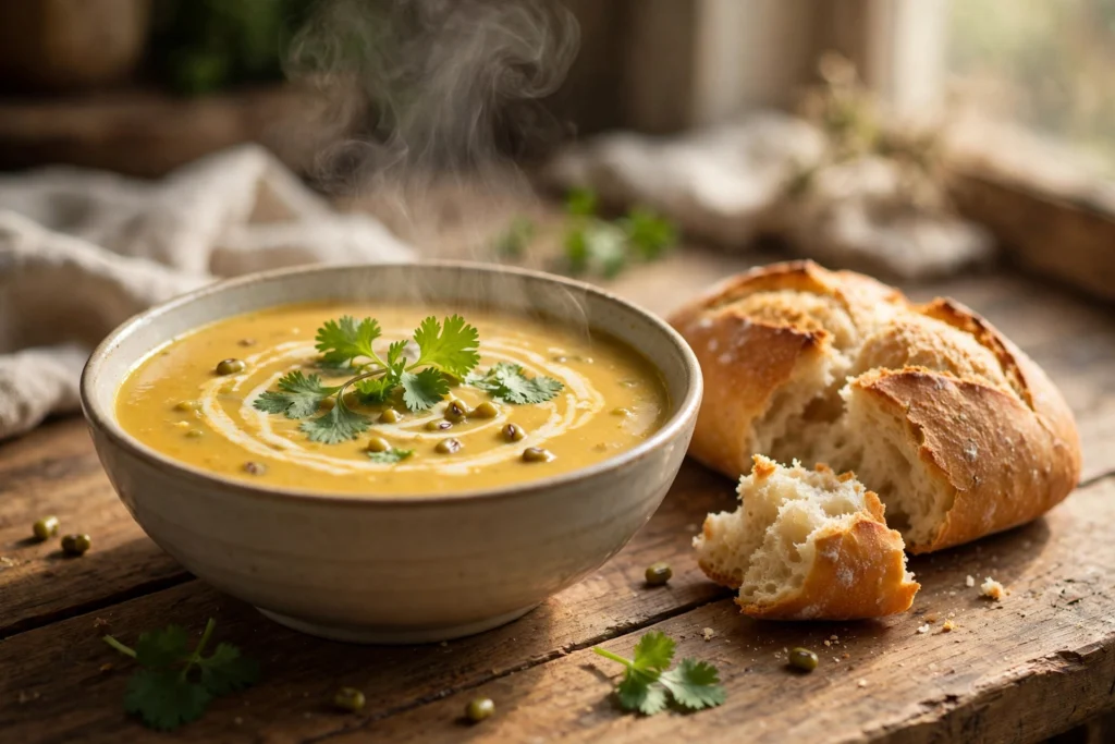 Mungobohnen Suppe Rezept – cremige indische Suppe mit Koriander und Fladenbrot