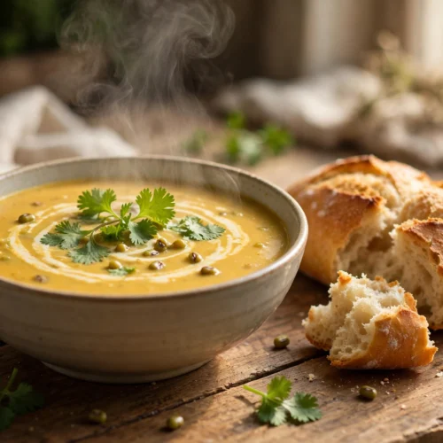 Mungobohnen Suppe Rezept – cremige indische Suppe mit Koriander und Fladenbrot