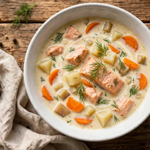 Norwegische Sahne Suppe Rezept – cremige Lachssuppe mit Lachs, Kartoffeln und Dill in tiefer Schale