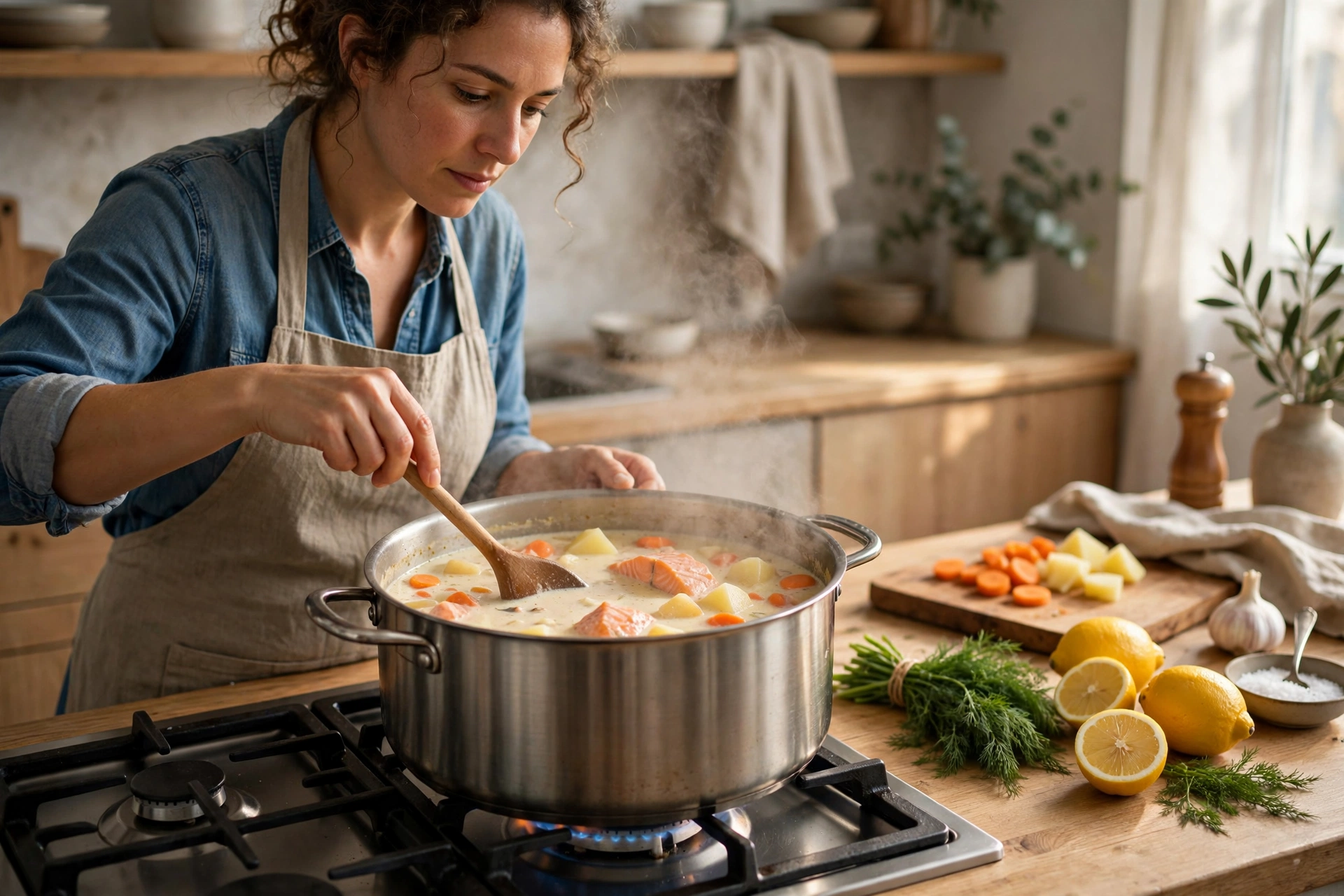 Norwegische Sahne Suppe Rezept – Sahne wird in den Topf mit Lachs, Kartoffeln und Karotten eingerührt