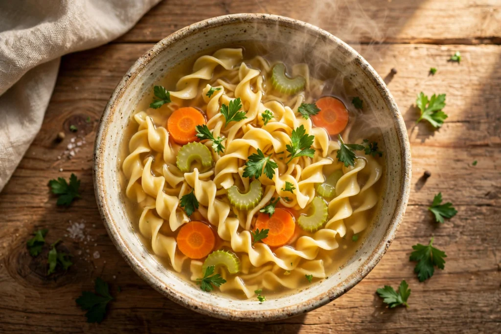nudel suppe rezept – klassische Nudelsuppe mit Eiernudeln und Gemüse in klarer Brühe