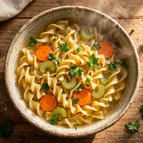 nudel suppe rezept – klassische Nudelsuppe mit Eiernudeln und Gemüse in klarer Brühe