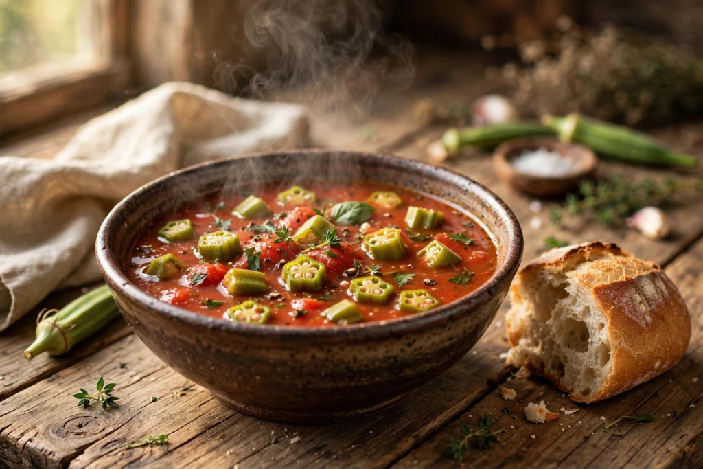 Okra Suppe Rezept – tomatige Okrasuppe mit zarten Okraschoten und Brot