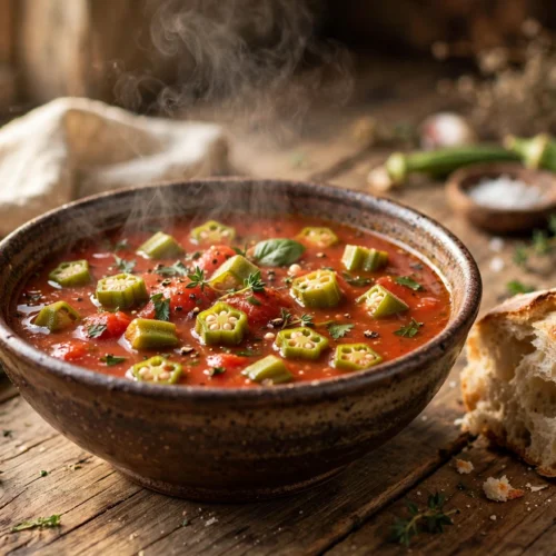 Okra Suppe Rezept – tomatige Okrasuppe mit zarten Okraschoten und Brot