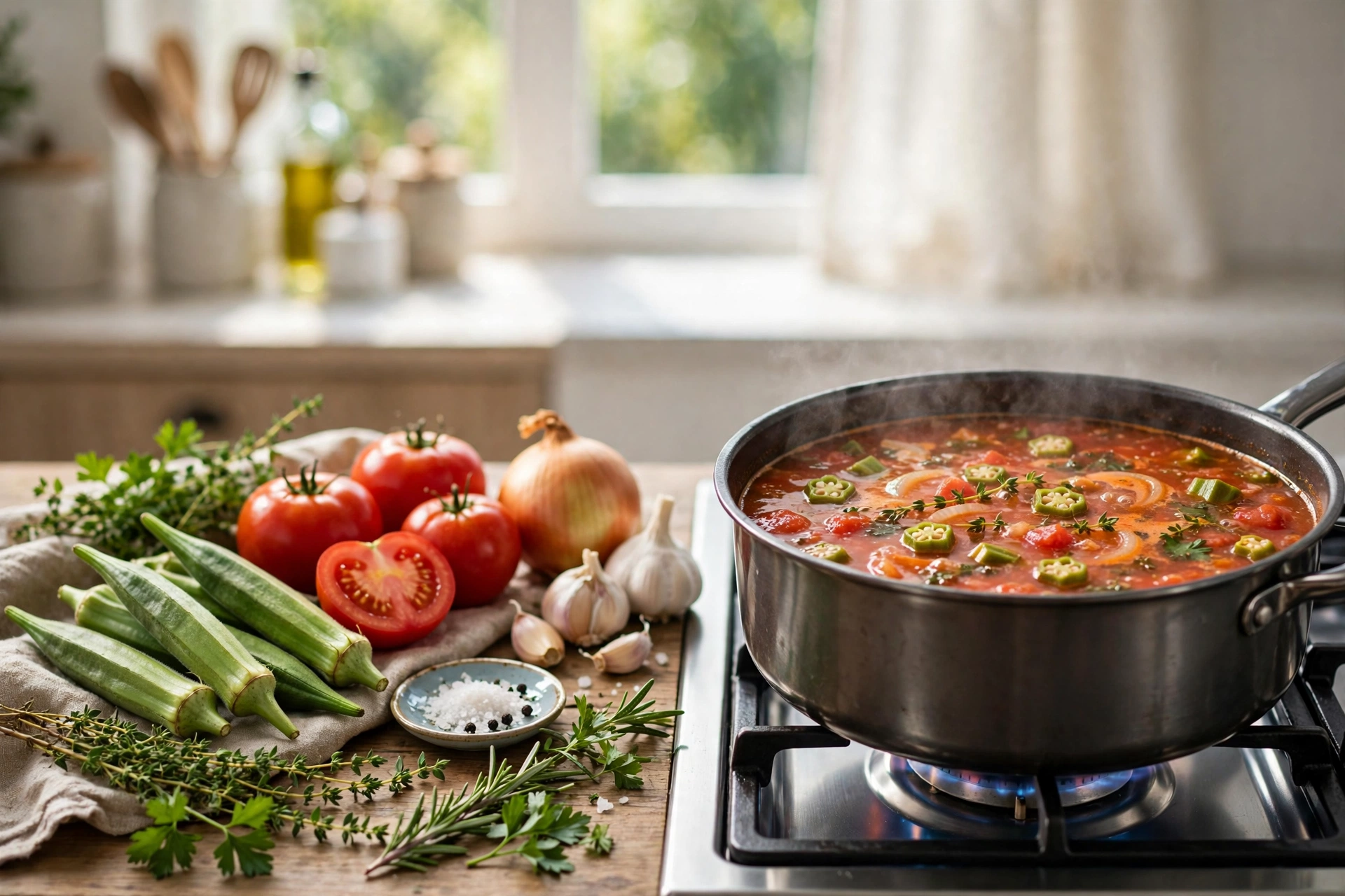 Okra Suppe Rezept – frische Okraschoten, Tomaten und Kräuter für die Suppe