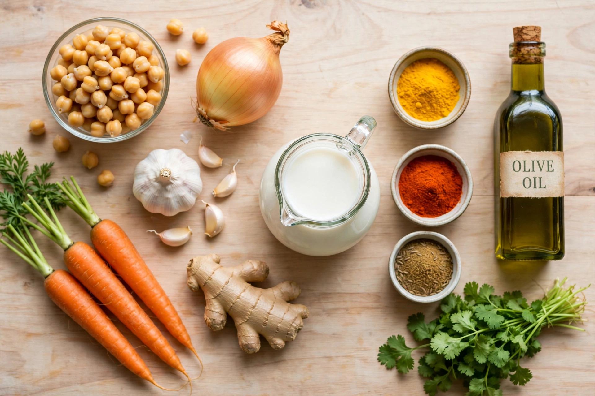 Kichererbsen Suppe Rezept – Zutaten im Überblick: Kichererbsen, Kokosmilch, Karotten, Ingwer, Kurkuma und frischer Koriander
