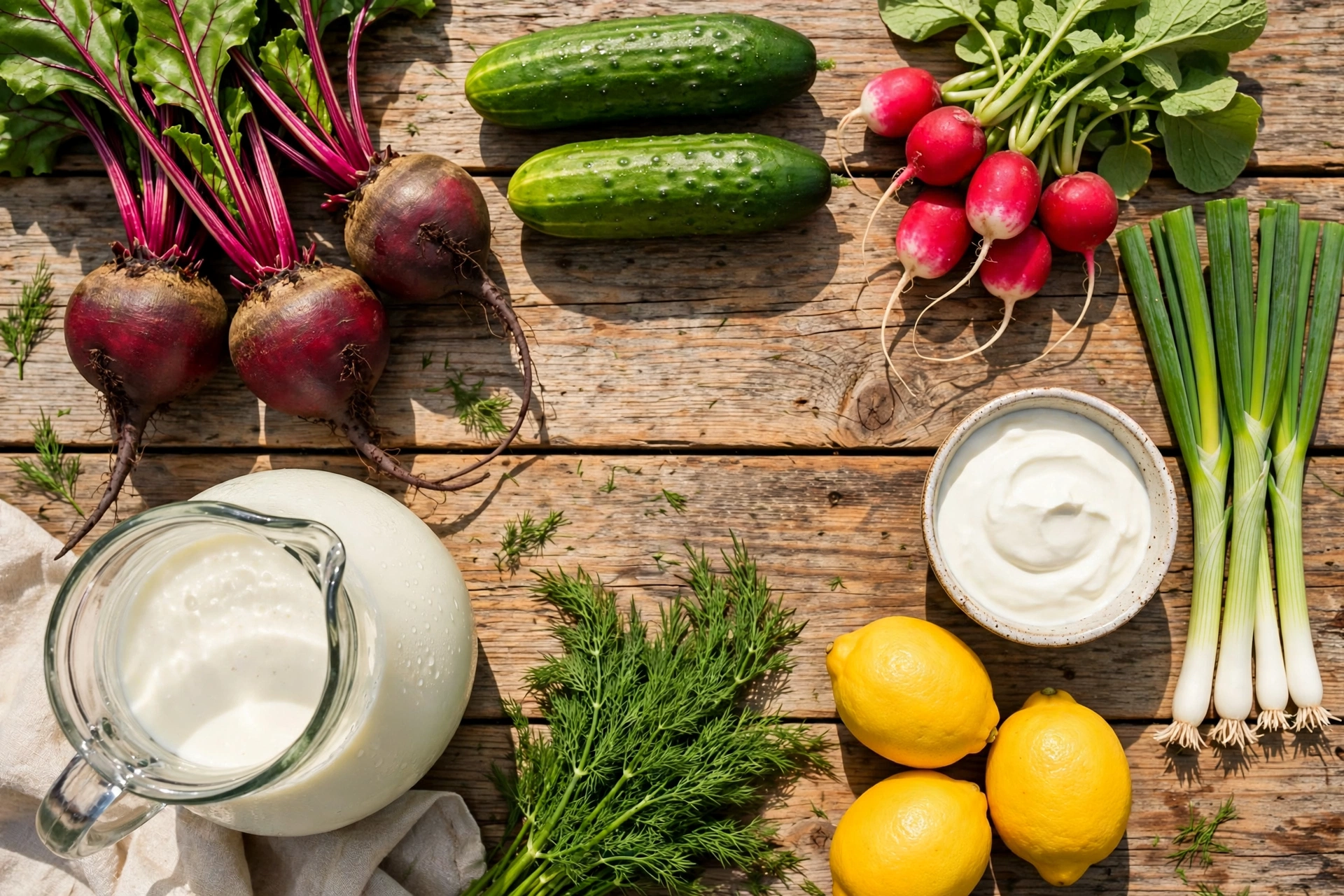 Kalte Rote Beete Suppe Rezept – frische Zutaten: Rote Bete, Gurke, Radieschen, Dill, Kefir und Zitrone