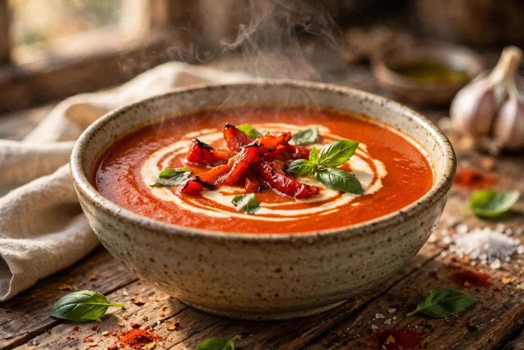 Paprika Suppe Rezept – dampfende Schüssel cremige Paprikasuppe mit Sahnehäubchen und Basilikum