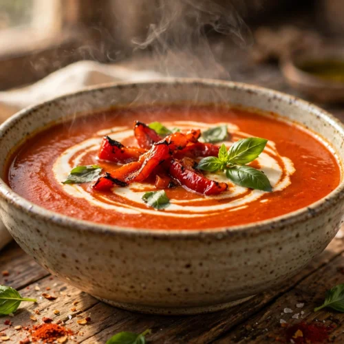 Paprika Suppe Rezept – dampfende Schüssel cremige Paprikasuppe mit Sahnehäubchen und Basilikum