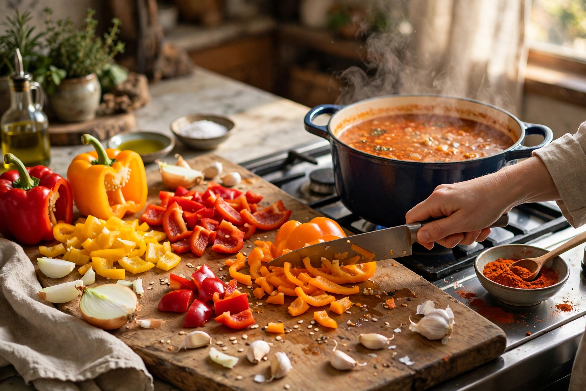 Paprika Suppe Rezept – bunte Paprika werden auf einem Holzbrett geschnitten und im Topf gekocht