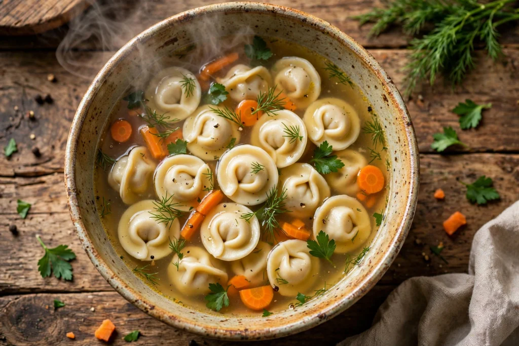 Pelmeni Suppe Rezept – dampfende Schale mit russischen Teigtaschen in klarer Brühe mit Karotten und Dill