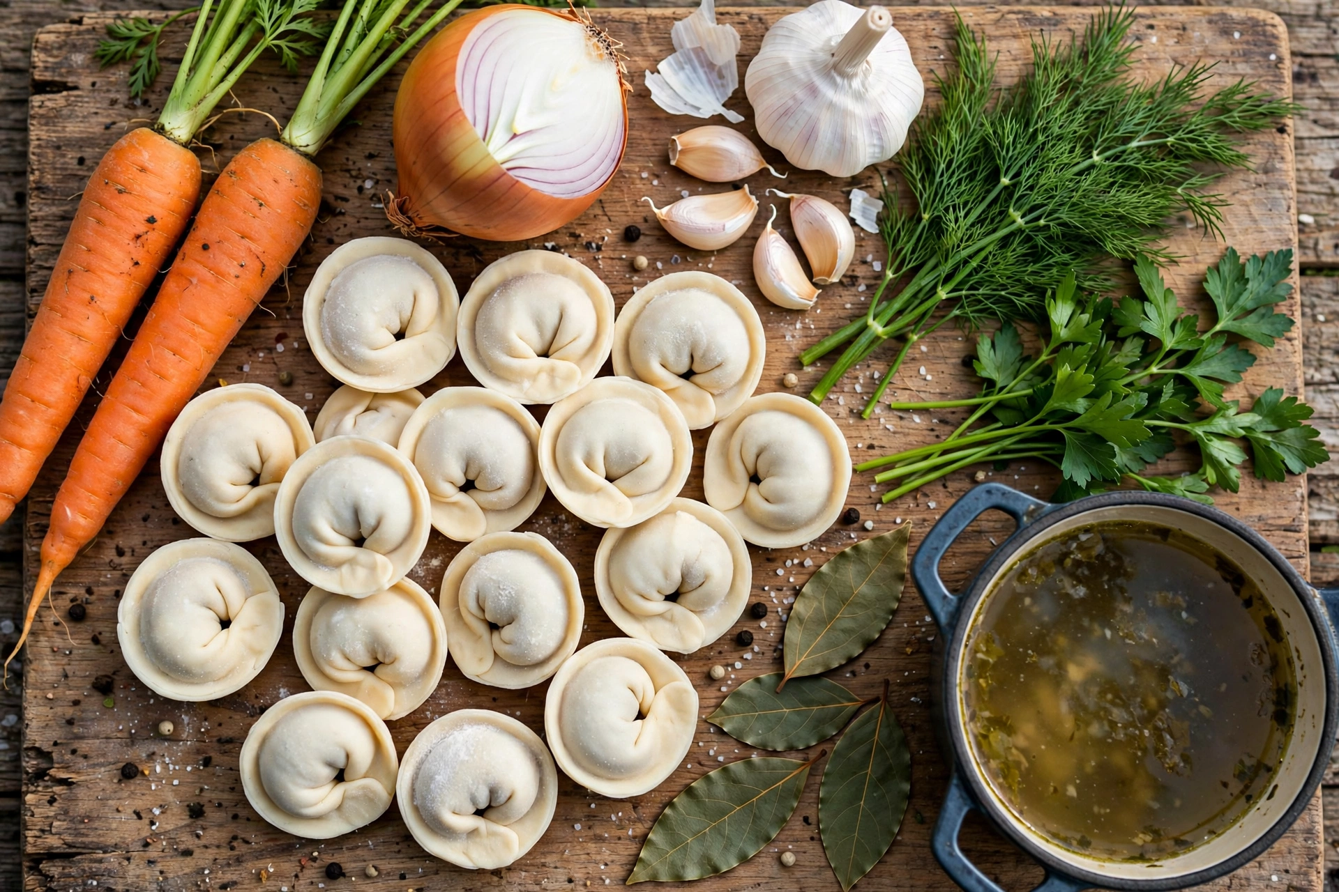 Pelmeni Suppe Rezept – Zutaten im Überblick: gefrorene Pelmeni, Karotten, Zwiebel, Knoblauch, Dill und Brühe auf einem Holzbrett