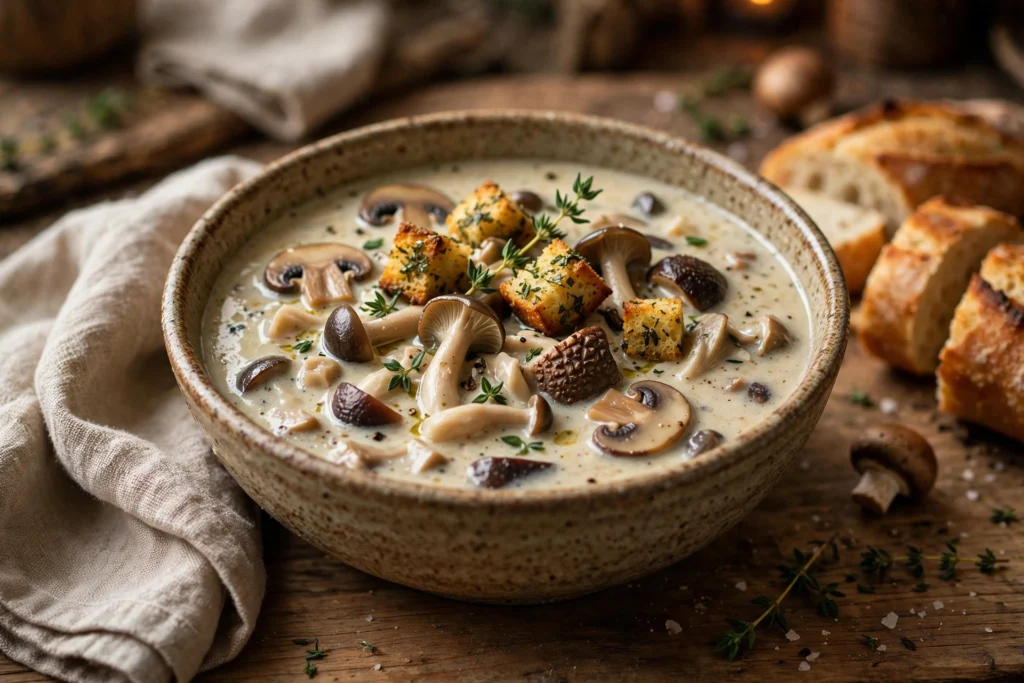 Pilz Suppe Rezept – cremige Waldpilzsuppe mit Kräutercroûtons und Thymian