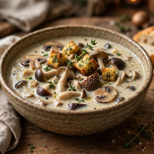 Pilz Suppe Rezept – cremige Waldpilzsuppe mit Kräutercroûtons und Thymian
